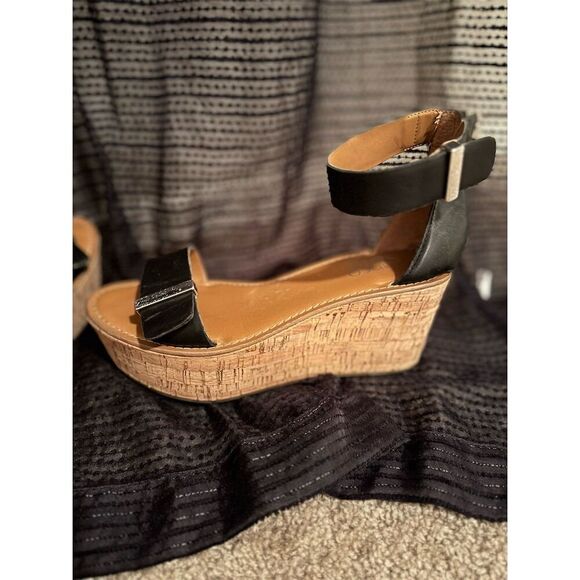 Franco Sarto Joni 2 Black Slingback platform Sandals Size 6.5 Cork Wedge - Picture 2 of 8